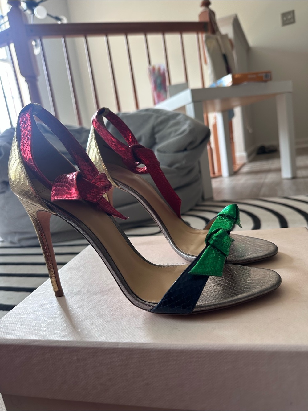 Alexandre Birman Metallic Silver Heels with Red & Green Bows